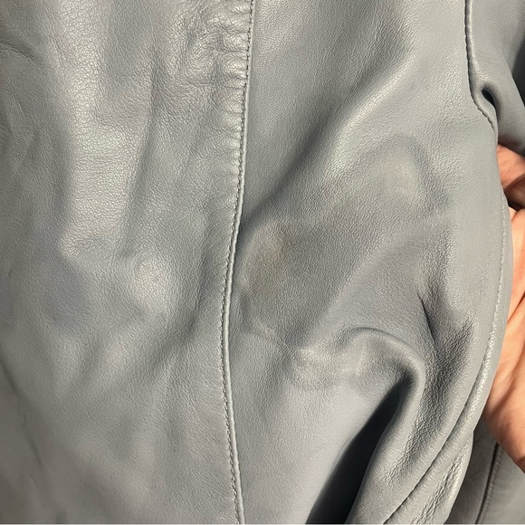 All Saints Moto Biker Zippered Belted 100% Lamb Leather Jacket size 0 Blue Gray - Picture 7 of 11